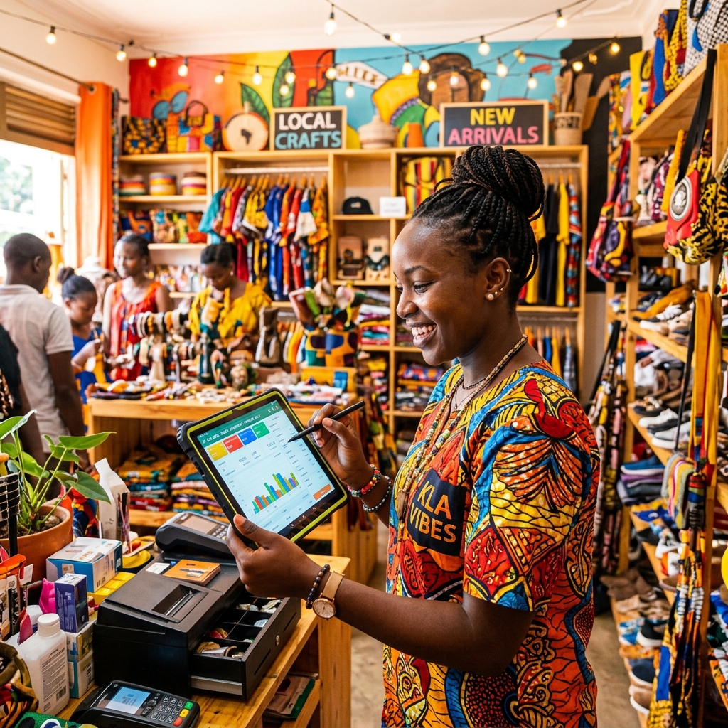 A modern, youthful Ugandan SME founder running a vibrant retail shop